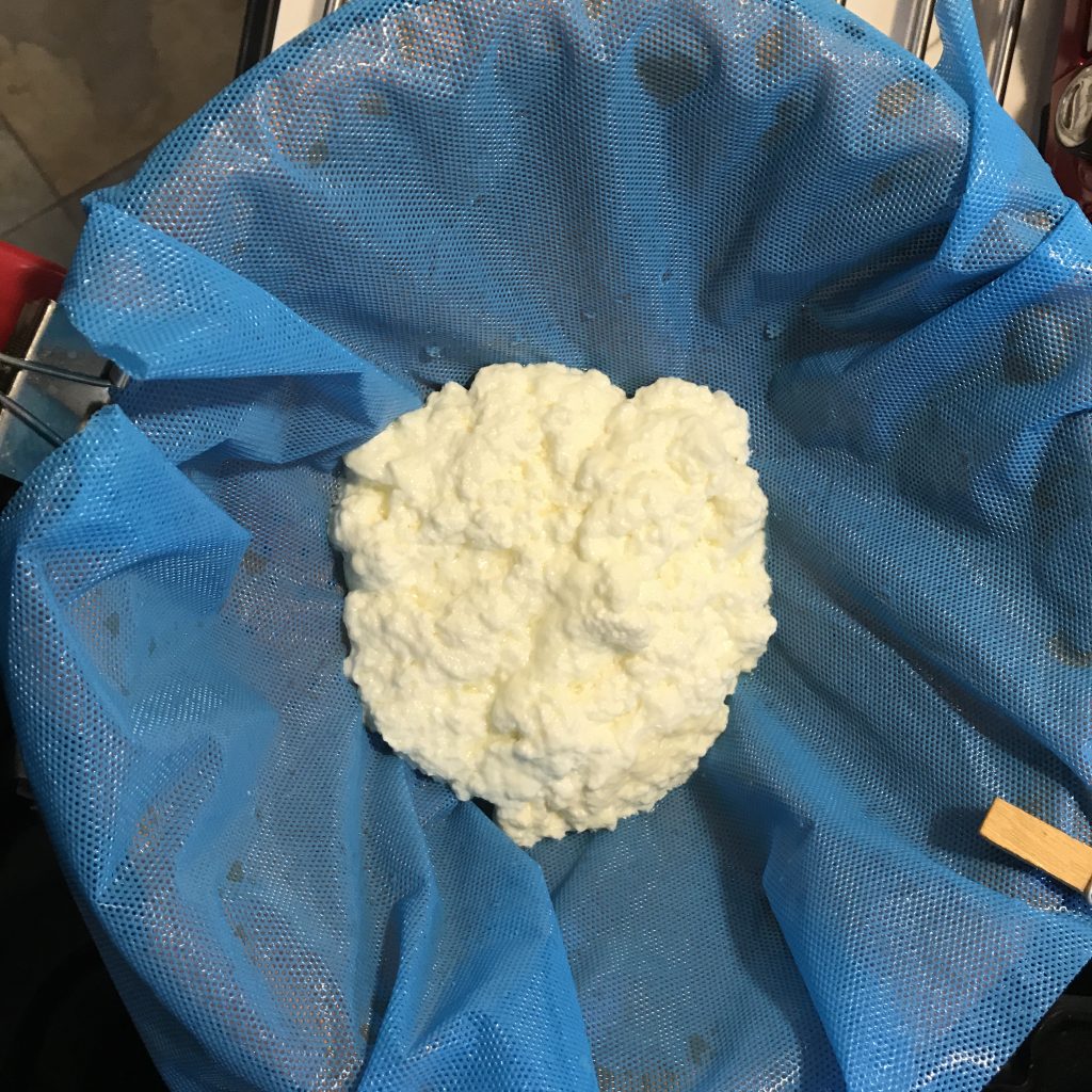 One spoonful of newly made ricotta in the colander, draining