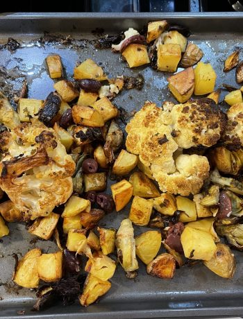 sheet pan of cauliflower, potatoes and artichoke hearts