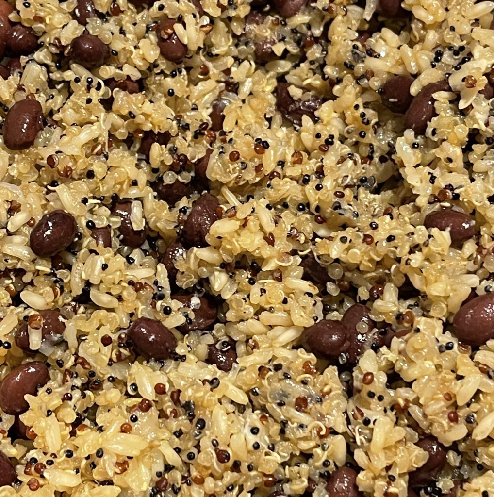 closeup photo of rice and quinoa pilaf with black beans