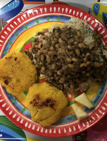 a plate of Hoppin John and Corn Pone